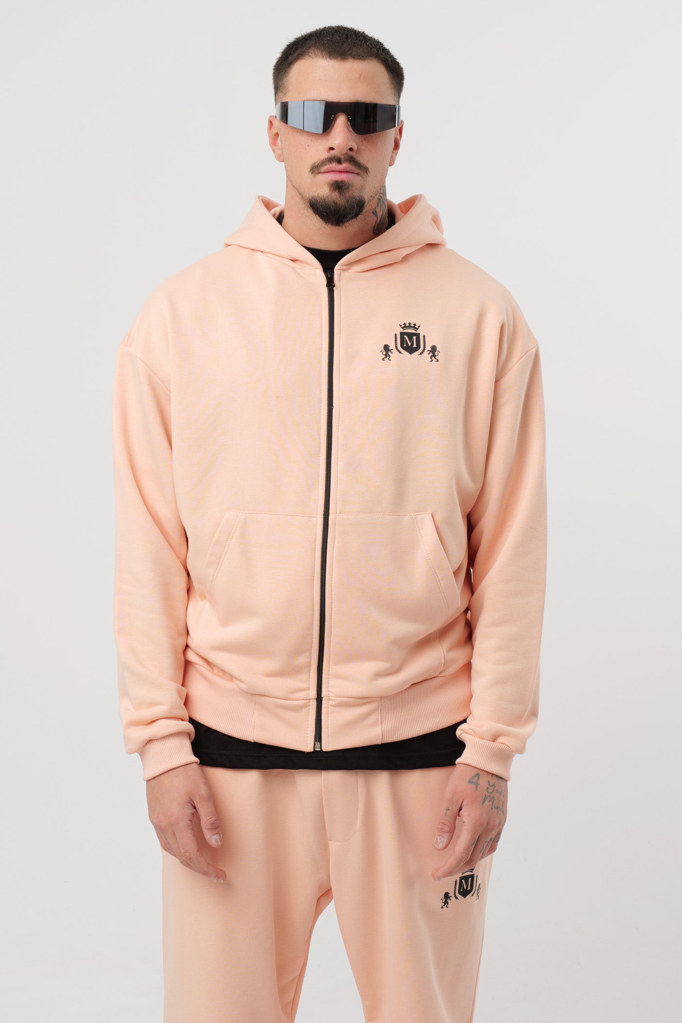 Hoodie Zip Coral con Logo Nero