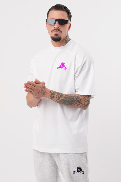 T-Shirt mit fluoreszierendem Logo in Weiß und Rosa